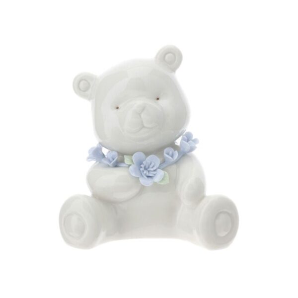 Hervit - Orsetto in porcellana bianco 11cm con collare blu
