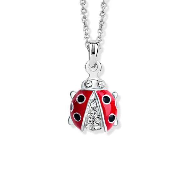 Crystalp - Ciondolo Coccinella 13 mm con catena 33+3 cm bianchi, Placcato rodio - Lady Bug